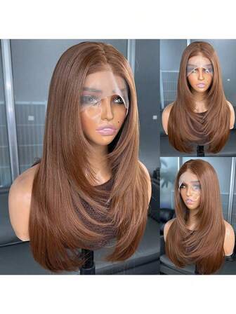 Kanekalon Futura שיער חום 13x4 סינתטי תחרה מול פאות לנשים 18 אינץ בינוני ארוך גלי פוני וילון ללא דבק שיער Kanekalon עמיד שיער סינטטי שיער אמצעי 150% צפיפות קו שיער טבעי פאות ללא דבק עבור אופנה נשים בנות מסיבה חופשה מופע איפור שימוש יומיומי ללבוש