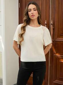 女士纯色针织罗纹长袖上衣，休闲衬衫，商务休闲装，夏季度假装 - 杏色 - 查看 11