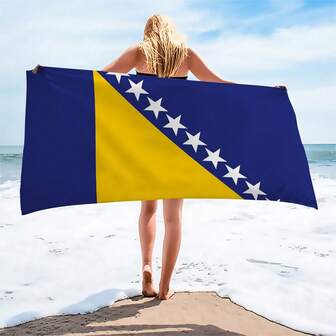 波斯尼亚和黑塞哥维那国旗图案超细纤维沙滩巾 - 超强吸水速干，防沙，轻便乡村风格，适用于沙滩、旅行、游泳、健身、瑜伽 - 可机洗，针织面料，280克/平方米 - 1条装