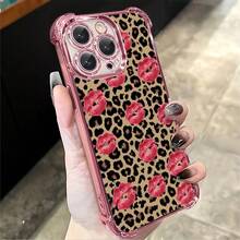 1pcs Leopard Print With Red Kiss Antidrop Phone Case Compatible With Apple Phone17ProMax 16 15 14Plus 11 12 13 ProMax Xs Max XS X Silicone Camera Protection Vintage Funky Personality Cute Fashion Can Be Given To A Lover Can Be Given To Friends - 粉色 - 查看 3