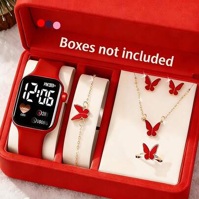 6/1pc Girls Elegant Cute Fashion LED Heart-Shaped Digital Display Watch Set, Includes Butterfly Bracelet, Necklace, Ring And Earrings, Suitable For Girls Daily Wear, Perfect For Travel, Birthday, Party, Back To School Decoration, Also An Ideal Valentine's Day And 2026 New Year Gift For Girls. Elegant Girls Accessories