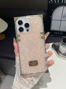 1pc Black Rhinestone Shockproof Bling Electroplated Square Phone Case Compatible With IPhone 17/16 Pro Max/13/14 - Pink - View 6