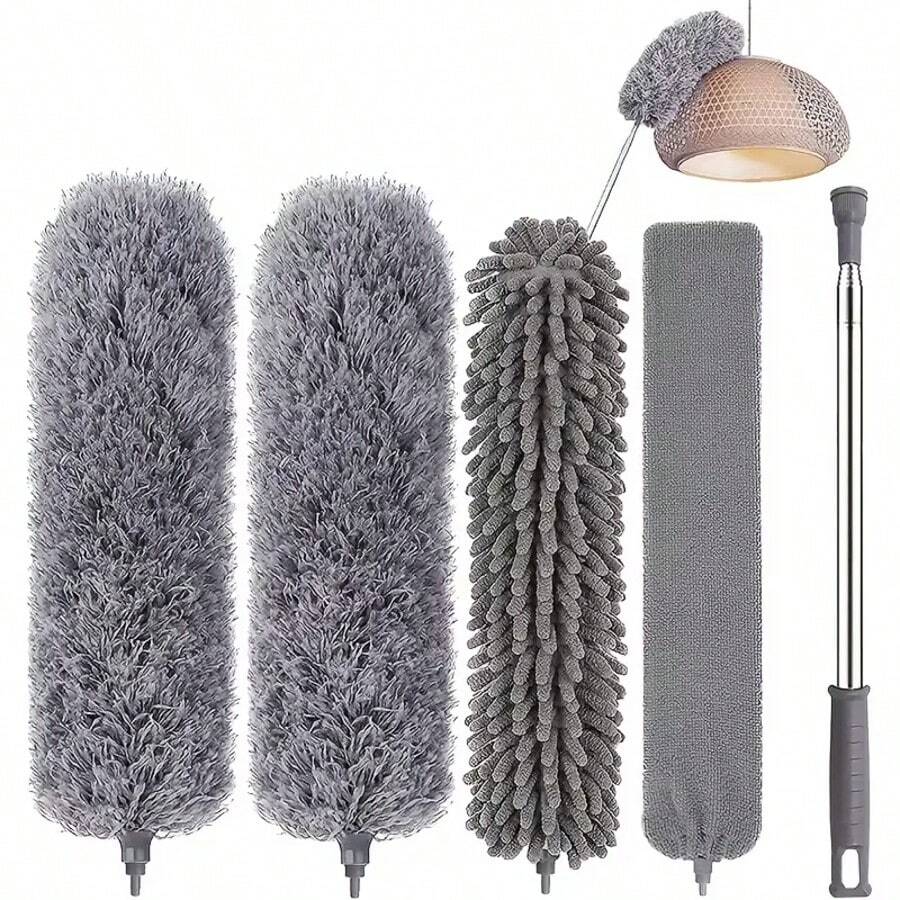 Bộ dụng cụ vệ sinh 5 món chắc chắn, có thể kéo dài và uốn cong, kèm cán thép không gỉ và chổi lau bụi bằng sợi microfiber - Chổi lông vũ có thể giặt được dùng cho quạt trần, đồ nội thất, ô tô, trần nhà cao - Hệ thống vệ sinh đa năng cho gia đình.