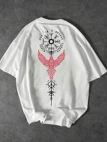 Double-Sided Norse Mythology Pattern Print Round Collar Short Sleeve T-Shirt Top, Comfortable Breathable Fabric, Casual Sports Style, Men's 100% Cotton Streetwear T-Shirt (Choose A Larger Size For A Looser Fit) - 白色 - 查看 2