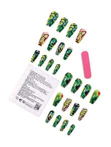 24 st gröna marmorerade långa kista-pressnaglar med gyllene accenter och 3D-fjärilsdesign - Grön - Visa 4