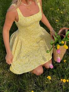 Butter Yellow Textured Mini Dress | Square Neck Flowy Dress For Picnic & Vacation - Yellow - View 7