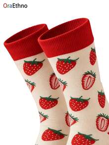 一双男士草莓牛油果主题卡通印花撞色中筒袜 - 柔软吸汗防臭舒适保暖时尚袜子，是送给男士/爸爸/儿子/丈夫/男友/美食爱好者的独特礼物，适合生日/万圣节/圣诞节等场合，是秋冬季休闲日常穿着的完美之选，OraEthno 出品。 - 彩色 - 查看 4