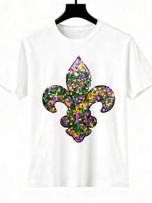 Iris Print T-Shirt, Carnival Party Outfit, Women's Casual Top, Fun Holiday Celebration Attire, 220 Grams - 白色 - 查看 3