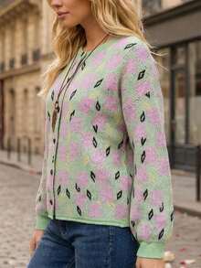 Plus Size Women Mint Green Loose Cardigan, Sweet Casual Single-Breasted Knit Jacket