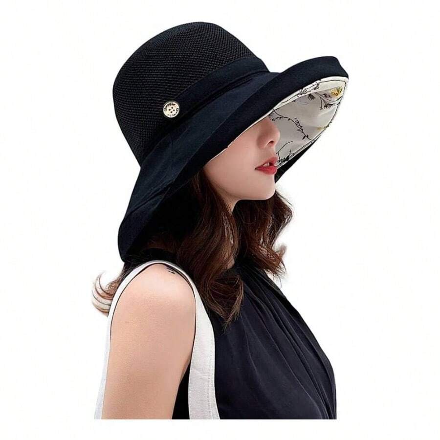 Sombreros de malla para mujer, proteccin, proteccin, UPF plegable, correa de barbilla de ala ancha - M + negro - - Ver 1