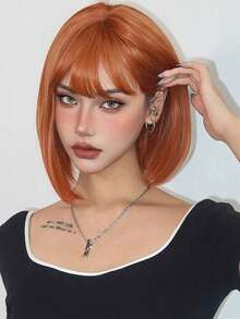 12 Inch Short Orange Wig Wiith Bangs Bob Wig Straight Cosplay Wig Heat Resistant Synthetic Wigs For Women Party Wig Hair Girl Gift Wigs - Multicolor - View 3