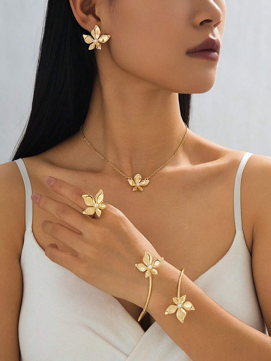 1 Set Women's Elegant Luxury Faux Pearl Inlaid Asymmetrical 5-Petal Flower Pendant Necklace, 1 Pair Earrings, 1 Ring, 1 Bracelet Gold Jewelry Set - Yellow Gold - View 1