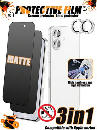 Juego de 3 en 1: 1 película protectora de lente de diamante plateado, 2 películas protectoras de pantalla mate antiespia, alta definición, reproducción de color real, alta dureza anti-arañazos, anti-agua, anti-huellas dactilares, diseño de cobertura completa, fácil instalación, compatible con iPhone 17 Pro Max/17 Pro/17 Air/17/16 Pro Max/16 Pro/16 Plus/16/15 Pro Max/15 Pro/15 Plus/15/14/13/12 y otros modelos