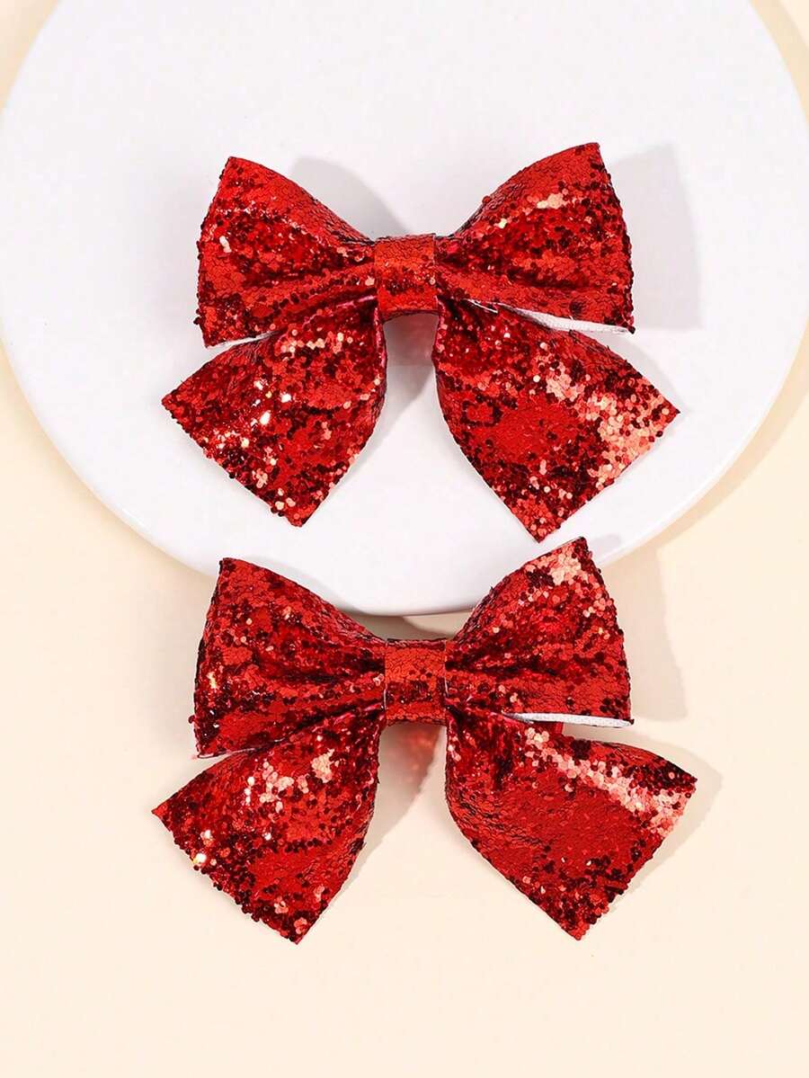 2pcs Sparkling Plain Hair Bows For Girls Gold Sequins Covered Bow Alligator Clips Party Dance Party Hair Clips Shiny Girls Pigtail Bows Barrettes Kids Hair Accessories - Đỏ - Xem 1