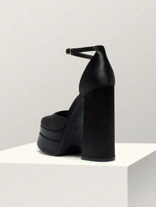 Women's Square Toe Block Heel Chunky Platform Wedding Shoes, Adjustable Ankle Strap Pumps For Prom - Graphite Black - View 7