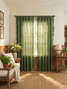 1pc Plain Voile Ruffle Edge Curtain, Nordic Luxury Solid Semi-Sheer Lightweight Soft Ruffle Edge Curtain, Suitable For Living Room, Bedroom, Party, Holiday, Home Decor - Green - View 4
