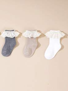 3 Pairs Lace Trim Comfortable Casual Mid-Calf Socks - Multicolor - View 12