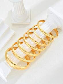 7 Peças/Conjunto Pulseira de Metal Vintage Elegante com Textura Martelada e Floral, Conjunto de Pulseiras Minimalistas de Alta Qualidade para Camadas, Adequado para Casais, Festas, Feriados, Presentes, Uso Diário, Ano Novo - Ouro amarelo - Visão 3