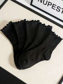 5/10 pares de calcetines medianos gruesos para mujer, con borde de volantes de unicolor blanco y negro, versátiles y cómodos, para uso casual en otoño/invierno