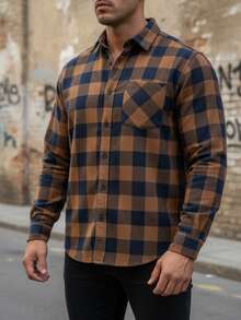 Camisa masculina estilo vintage cuadritos americana, algodón cómodo y suave, sin estampado, corte holgado, de manga larga, ideal para otoño e invierno, fácil de combinar en uso diario y casual - Caqui - Ver 1