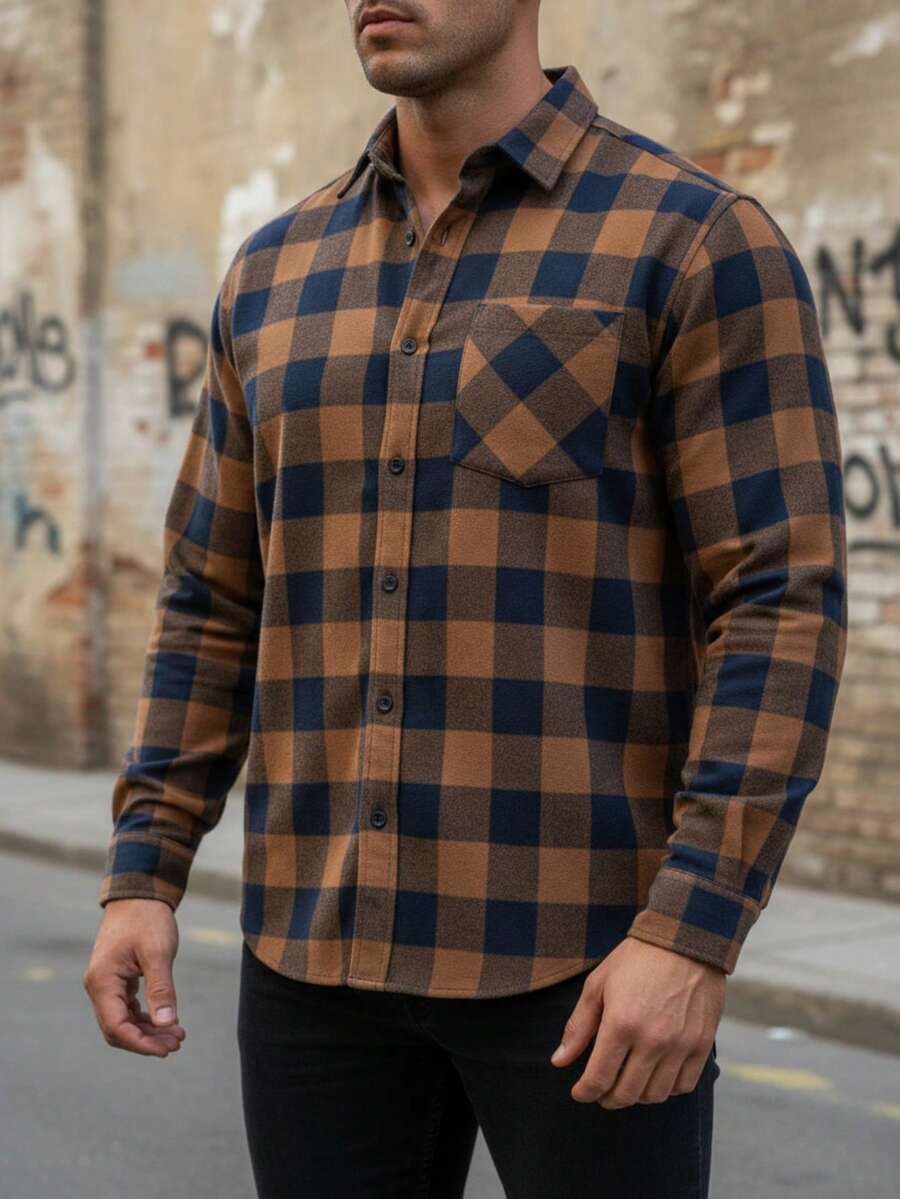 Camisa masculina estilo vintage cuadritos americana, algodón cómodo y suave, sin estampado, corte holgado, de manga larga, ideal para otoño e invierno, fácil de combinar en uso diario y casual - Caqui - Ver 1
