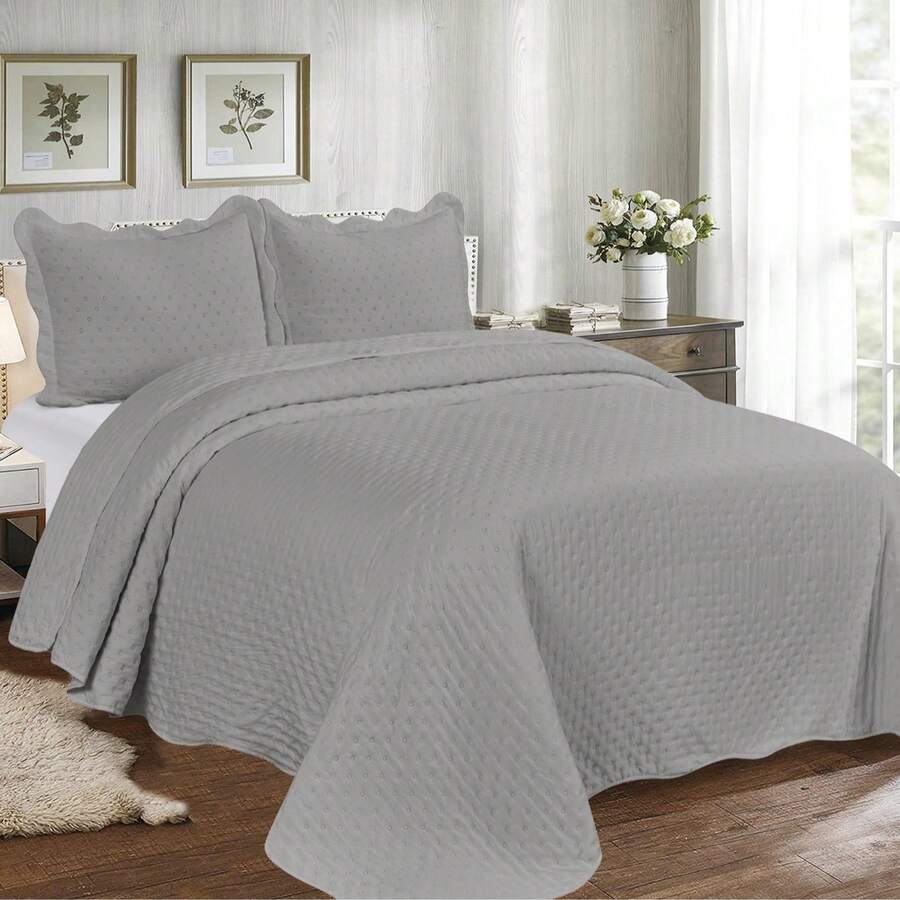 Double-Sided 3-Piece Printed Bedspread Set. - Gray Polka Dot - View 1