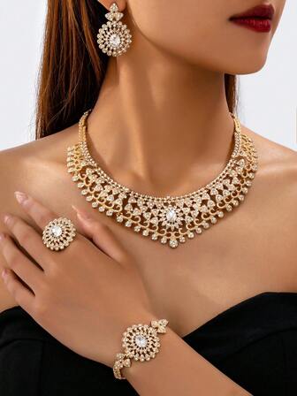 4pcs Vintage Style Elegant Fashionable Tassel Sunflower Earrings, Necklace, Ring, Bracelet Jewelry Set, Suitable For Women's Daily, Work, Party Wear Or Gift