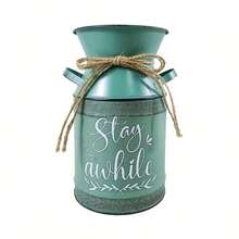 Distressed Green Metal Decorated Milk Can Bottle, Vintage Iron Wire Rope Tie, Green Background Printed "Stay Awhile" Lazy Slogan, Comes With A Relaxing And Healing Atmosphere. Can Be Used As A Vase For Dried Flowers Or A Storage Jar, Suitable For Nature-Inspired, Minimalist Styled Desktops, Corners, And Home Decor, Gentle And Stress-Relieving. - Four Seasons Double-eared Teapot 6 - View 13