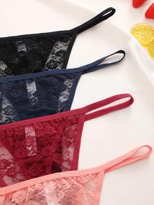 FINETOO Set de 4 piezas de tanga sexy de encaje con estampado de unicolor para mujer de talla grande - Multicolor - Ver 5