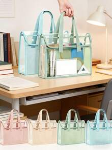 2026 Upgraded Version Large Capacity Transparent Waterproof PVC Handbag With Expandable Mesh Storage Bag - Portable For Office Supplies, School Files And Other Documents - Available In Pink, Green, Blue, Khaki, Also Comes With Document Storage Bag. Fashionable Storage Bag, PVC Material. - Multicolor - View 4