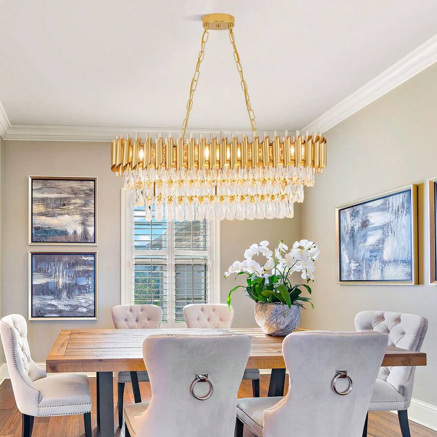 Modern Rectangular Chandelier - Gold Crystal Chandelier For Dining Rooms -8 Linear Ceiling Chandeliers -31.4-Inch Luxury Oval Chandelier - For Kitchen Island And Living Room Use (Excluding Light Bulbs) - 金色 - 查看 1