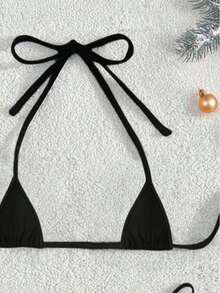Christmas Gift Color-Block Trim Lingerie Set, Micro Triangle Camisole Tie Bikini Bra And Thong, Women's Underwear, Christmas Essential Item - 黑色 - 查看 5