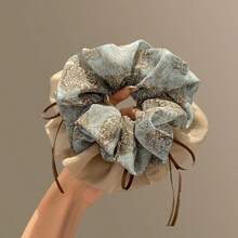 New Elegant Floral Chiffon Ribbon Hair Scrunchies, Ponytail Holders, Bun Ties - Brown - View 2