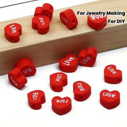 60颗心形聚合物粘土珠 - 情人节红色爱心珠，带有“ONE”和“LOVE”字样，8x9毫米，适用于DIY珠宝、情侣礼物、项链、手链、耳环 - 兼容聚合物粘土、树脂、胶水 - 情人节装饰珠，心形珠，用于珠宝制作、手工配件、装饰点缀、手工工艺品、珠宝制作