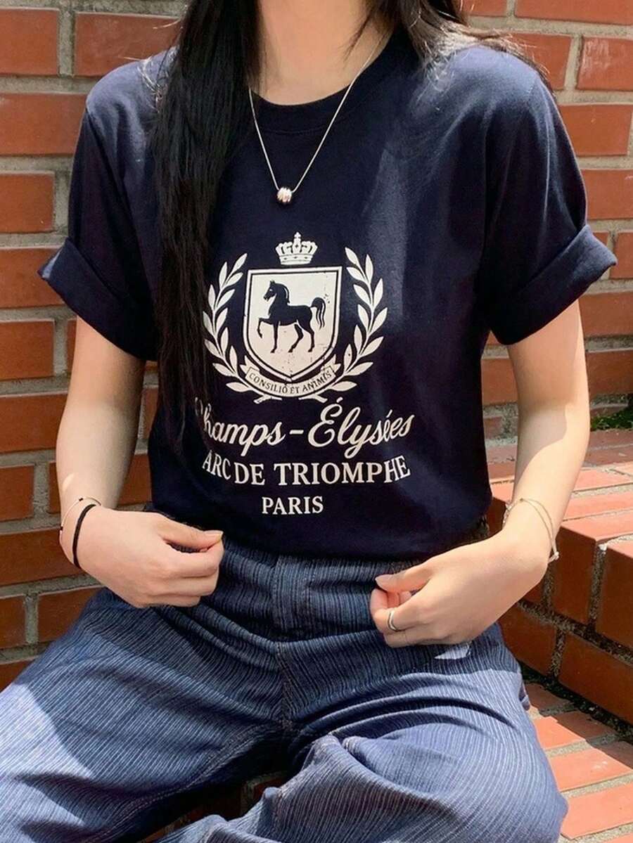 Cotton Short-Sleeved Summer New Printed Tops Fashion Loose T-Shirts - Navy Blue - View 1