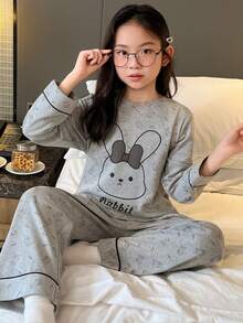 2pcs/Set Grey Cartoon Rabbit Print Versatile Pajamas For Girls, Suitable For Older Tween Girl - Grey - View 1