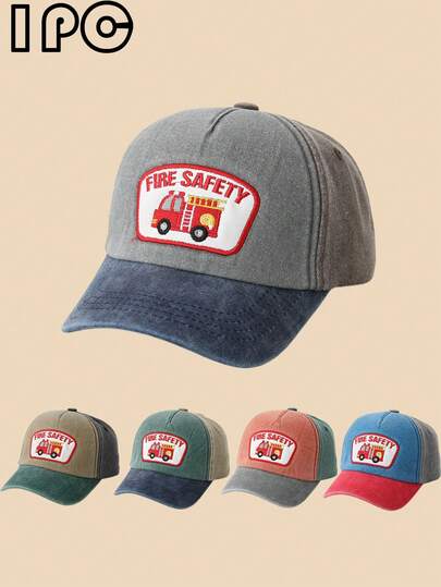 1 pieza Gorra de béisbol de protección solar con lavado casual de mezclilla y bordado de coche de dibujos animados para niños, adecuada para primavera, verano y viajes al aire libre