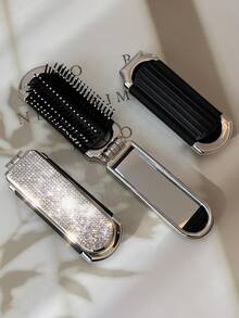 1 pieza Peine pequeño con acabado brillante plateado y decoración elegante de cristales, diseño plegable con espejo incorporado, compacto y portátil para hombres y mujeres - Multicolor - Ver 6