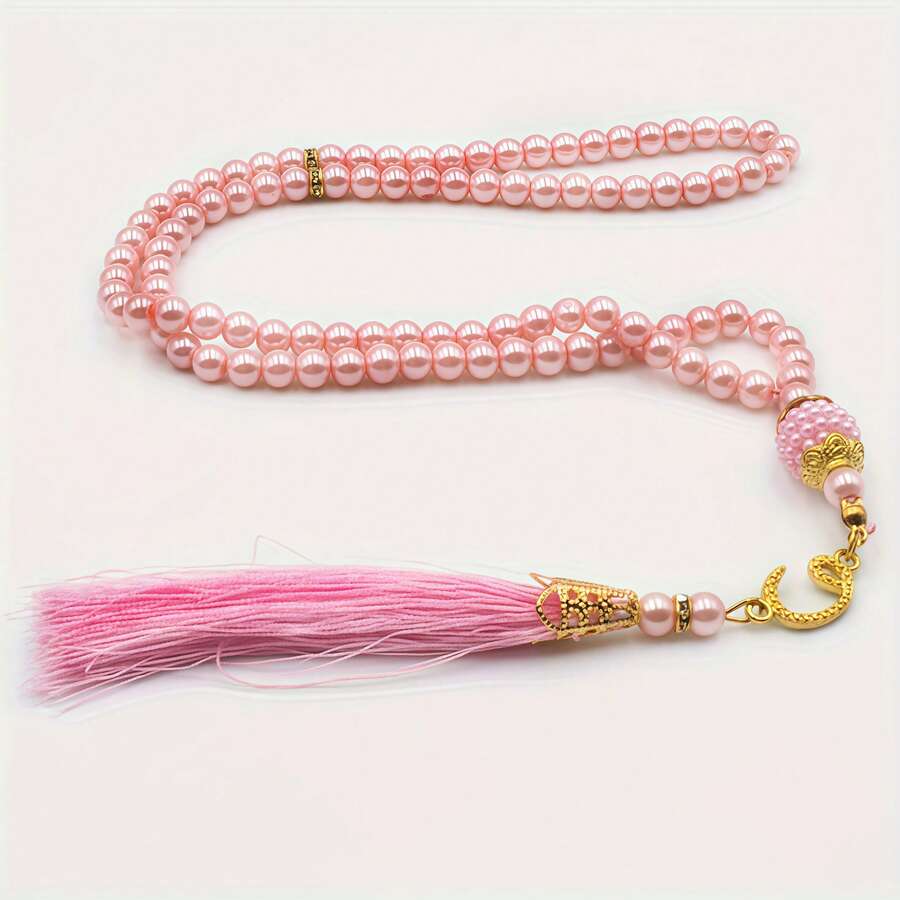 1pc, Muslim Ramadan 99pcs Rosary Faux Pearl Beaded Hand String Moon Tassel Pendant(Random Delivery Of Styles) - Random Color - View 1