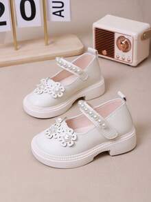 2026新款平底鞋，1双可爱时尚女童真皮鞋，防滑耐磨透气休闲鞋，轻便柔软幼儿学步鞋，公主风学院风鞋 - 米色 - 查看 3