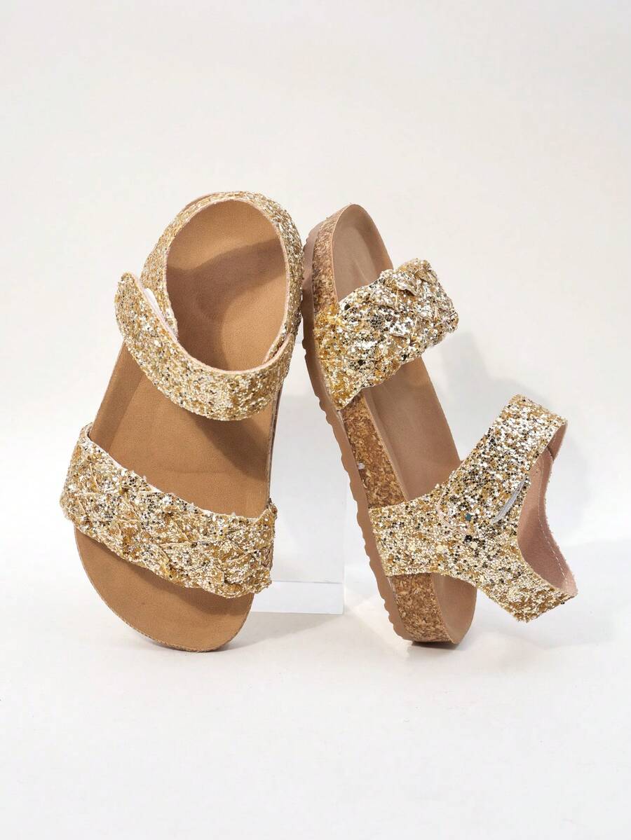 2025 Sommer Mode Mädchen Römische geflochtene Sandalen, Riemen Design, atmungsaktiver Fußschutz, rutschfeste leichte Korksohle (Sohlenfarbe zufällig) - Gold - Übersicht 1