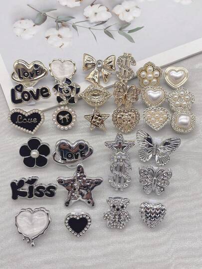 6pcs Luxury Gold & Silver Resin Lip, Star, Shoe Lace Charms DIY Accessories For Women Sneakers & Boots, Detachable Rhinestone Heart, Bear Shoelace Buckle Decor, Personalized Faux Pearl Flower, Bow Shoe Clips For Lace-Up Shoes, Suitable For Christmas, Halloween, Valentine's Day, Birthday, Holiday Party Gifts (Shoes Not Included)