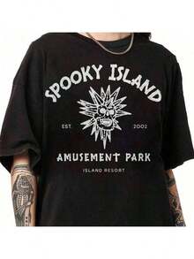 Spooky Island Amusement Park T-Shirt, Retro 2000s Halloween Movie Shirt, Disco Skull, Summer Spooky T-Shirt, 90s Nostalgia Halloween Tee For Halloween-Motion Tee - 黑色-2 - 查看 11