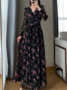 Chiffon Cool-Touch Floral Print Women's Dress - Stylish V-Neck, Mesh Patchwork Long Sleeves, Bow Tie Detail, High Waist Design, Flared Hem, 2026 Spring/Summer New Arrival, Elegant Women's Midi Dress - 黑色 - 查看 3