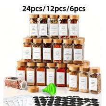 24pcs/12pcs/6pcs Square Glass Jar Set, Suitable For Barbecue Spices, Salt & Pepper Shakers, Seasoning Dispensers, Includes Wooden Lids, Labels And Brushes, Kitchen Organizer (Accessory Style Random) - Multicolor - View 1