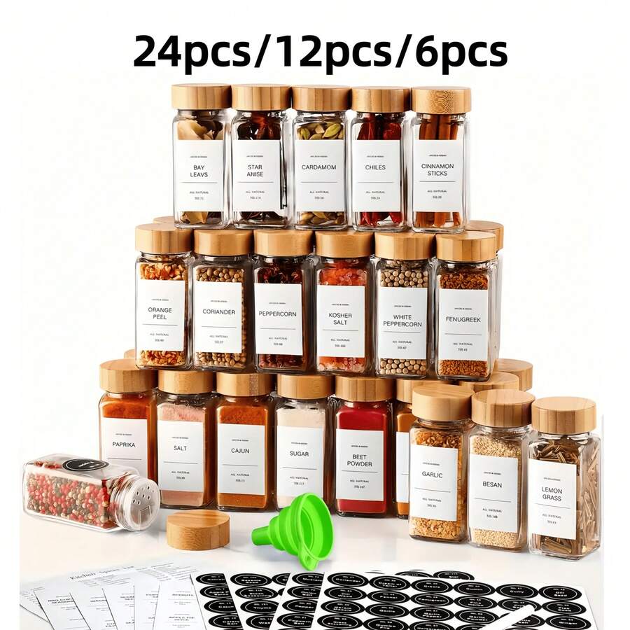 24pcs/12pcs/6pcs Square Glass Jar Set, Suitable For Barbecue Spices, Salt & Pepper Shakers, Seasoning Dispensers, Includes Wooden Lids, Labels And Brushes, Kitchen Organizer (Accessory Style Random) - Multicolor - View 1
