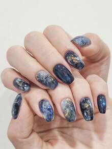 24片星夜银河深蓝色大理石纹短款按压式美甲贴片，带金色亮片和闪亮闪粉 - 寶藍色 - 查看 1