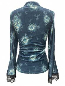 Camicia vintage da donna in pizzo e patchwork - Design elegante in pizzo a contrasto, tessuto con media elasticità, top di moda versatile per primavera e autunno, adatto per vacanze - Blu Navy - Visualizzare 5