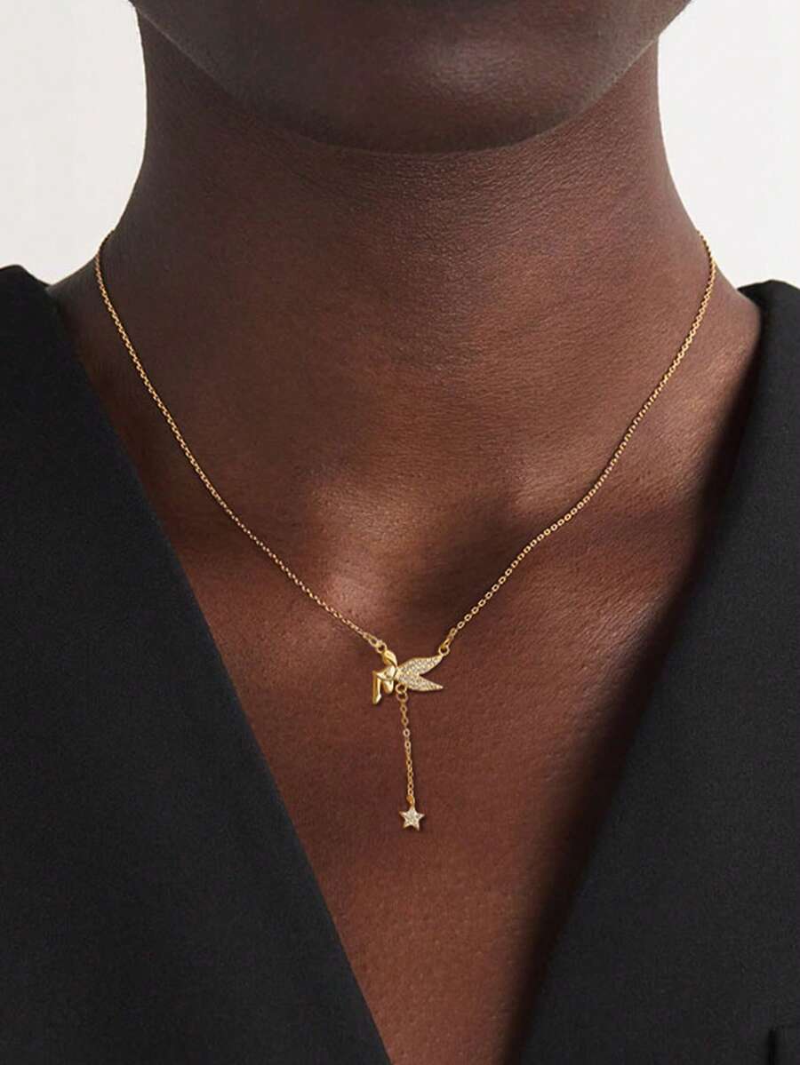 1pc S925 Sterling Silver Necklace, Fairy Angel Cubic Zirconia Star Pendant, Delicate Tassel Choker Necklace, Luxury Minimalist Design, Jewelry Gift For Women, Girlfriend, Mother, Friend, Everyday Wear
