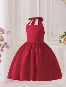 少女时尚露背吊带伴娘礼服，适合婚礼、派对、选美、毕业舞会、舞会、花童生日派对等场合 - 酒紅色 - 查看 3